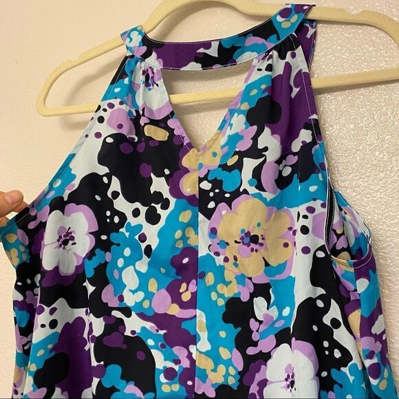 GAP Floral Blue Blouse Tank Top loose silky boho deep v neck style Size L - Picture 4 of 11